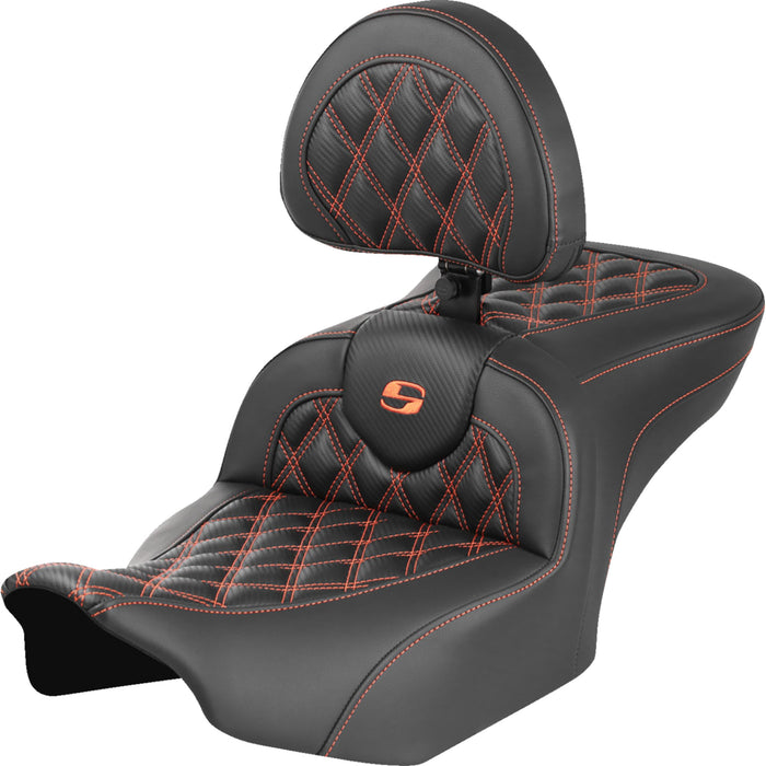 SADDLEMEN 0801-1789 823-07-206B3 Roadsofa™ Lattice Stitch Seat - with Backrest - Carbon Fiber - Lattice Stitch - Orange Stitch - FLTR/FLHX 23-24