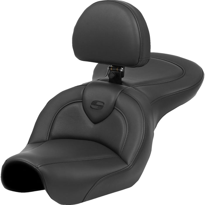 SADDLEMEN 0803-0735 804-04-187BR Roadsofa™ Standard Reach Seat - Black Stitch - with Backrest - FXD '04-'05