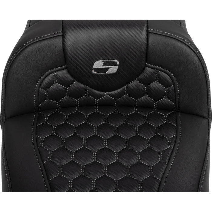 SADDLEMEN 0801-1764 823-07-190B2 Roadsofa™ Extended Reach Seat - with Backrest - Honeycomb - Dark Gray Stitch - FLTR/FLHX 23-24