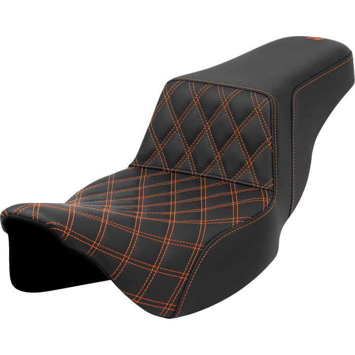 SADDLEMEN 0801-1579 A808-07E-172ORA Lattice Stitch Step-Up Seat - Front Lattice Stitch - Orange Stitch - Extended Reach - FLH/FLT '08-'23