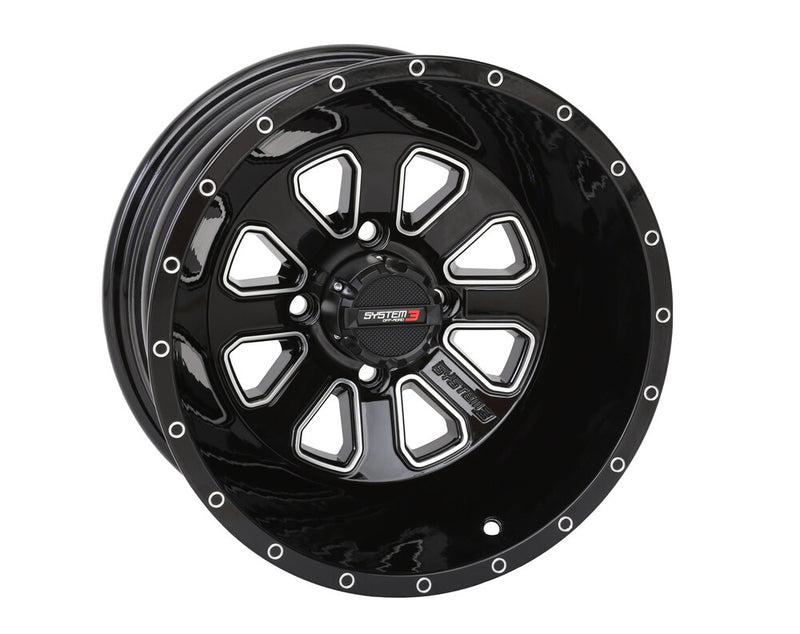 System 3 ST4 Wheel 14X7 2+5 (-47MM) 4/110 Gloss Black Machined - 14S3-4111 Honda ATVs 1990-2024