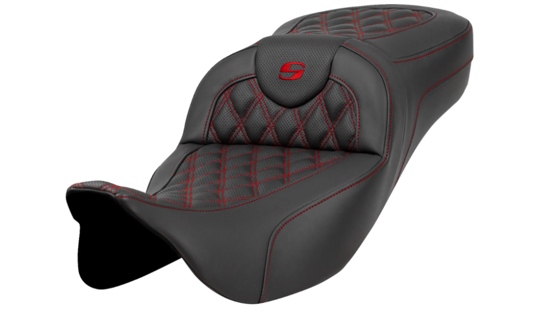 SADDLEMEN 0801-1588 A808-07B-184RED Extended Reach Roadsofa™ Seat-Lattice Stitch - Red Stitch - without Backrest - FL '08-'23