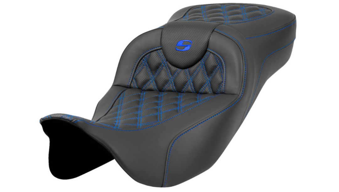 SADDLEMEN 0801-1590 A808-07B-184BLU Extended Reach Roadsofa™ Seat- Lattice Stitch - Blue Stitch - without Backrest - FL '08-'23