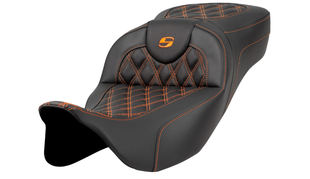 SADDLEMEN 0801-1591 A808-07B-184ORA Extended Reach Roadsofa™ Seat-  Lattice Stitch - Orange Stitch - without Backrest - FL '08-'23