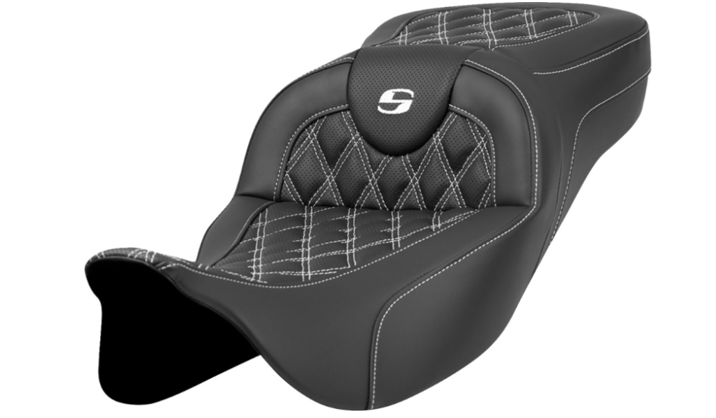 SADDLEMEN 0801-1592 A808-07B-184WHI Extended Reach Roadsofa™ Seat-Lattice Stitch - White Stitch - without Backrest - FL '08-'23