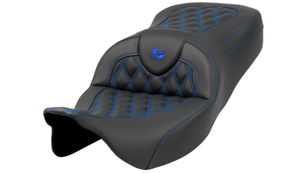 SADDLEMEN 0801-1594 A808-07B-182BL URoadsofa™ Lattice Stitch Seat-Blue Stitch - without Backrest - FLH/FLT '08-'23
