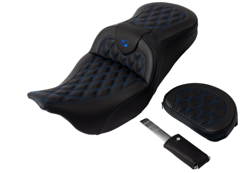 SADDLEMEN 0801-1605 A808-07R-182BLU Roadsofa™ Lattice Stitch Seat-with Backrest - Blue Stitch - FL '08-'23