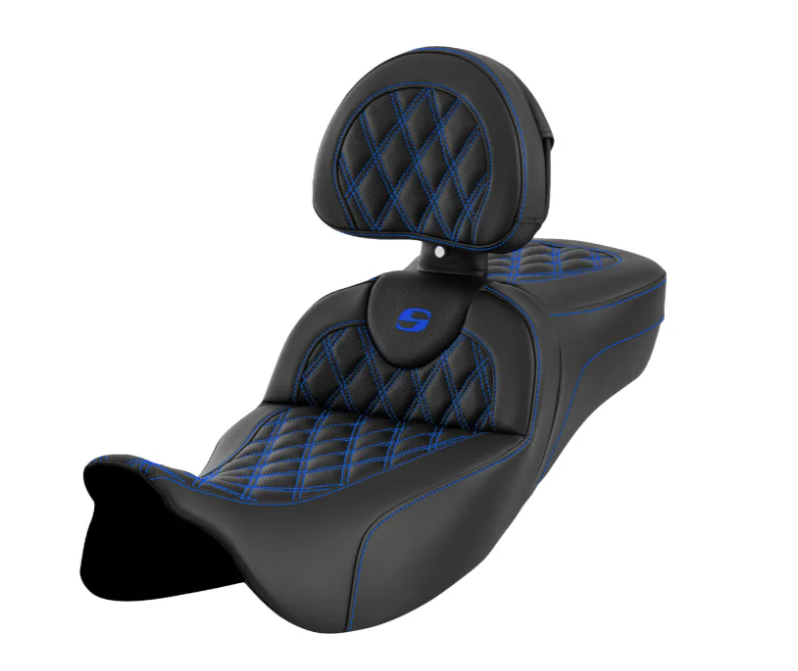 SADDLEMEN 0801-1605 A808-07R-182BLU Roadsofa™ Lattice Stitch Seat-with Backrest - Blue Stitch - FL '08-'23