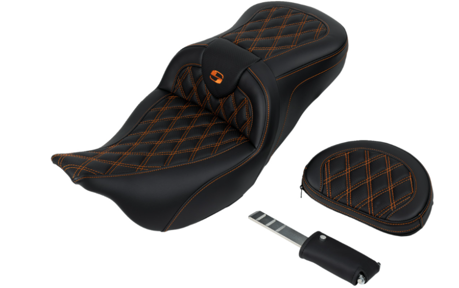 SADDLEMEN 0801-1608 A808-07R-182ORA Roadsofa™ Lattice Stitch Seat with Backrest - Orange Stitch - FL 08-23