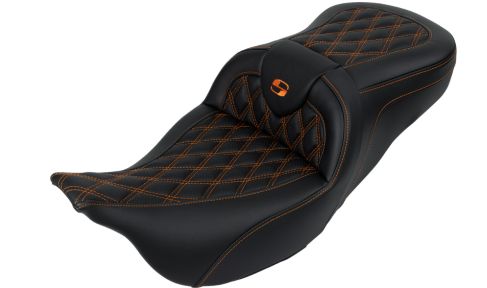 SADDLEMEN 0801-1608 A808-07R-182ORA Roadsofa™ Lattice Stitch Seat with Backrest - Orange Stitch - FL 08-23