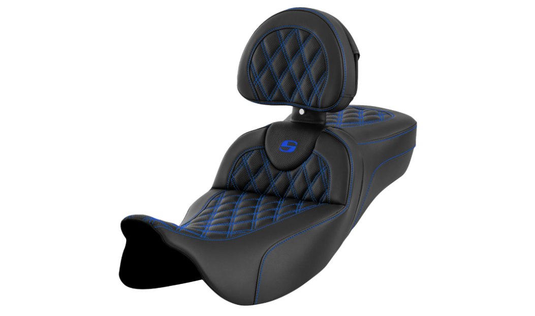 SADDLEMEN 0801-1618 A808-07R-184BLU Roadsofa™ Lattice Stitch - Blue Stitch - with Backrest - FL '08-'23