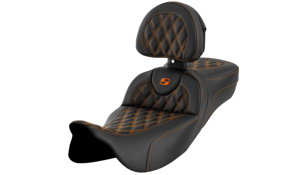 SADDLEMEN 0801-1621 A808-07R-184ORA Roadsofa™ Extended Reach Seat-Lattice Stitch - Orange Stitch - without Backrest - FL '08-'23