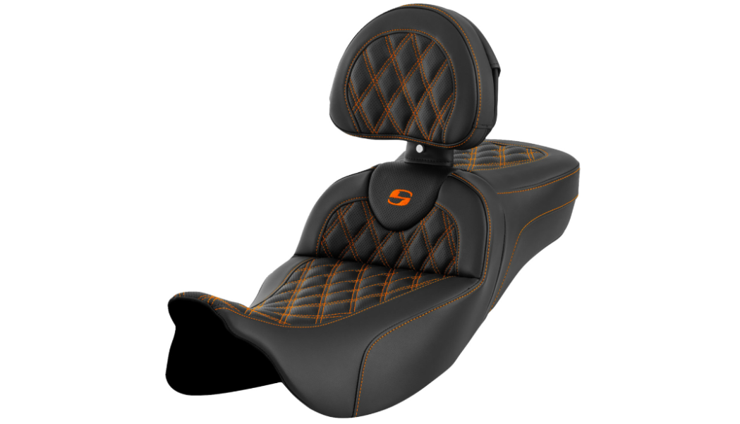 SADDLEMEN 0801-1621 A808-07R-184ORA Roadsofa™ Extended Reach Seat-Lattice Stitch - Orange Stitch - with Backrest - FL '08-'23