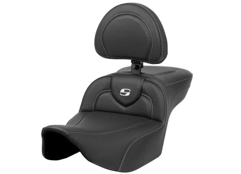 SADDLEMEN 0801-1634 823-07-186BR Roadsofa™ Extended Reach Carbon Fiber Seat Silver Stitch/Silver Logo - w/ Backrest - FL 23-24