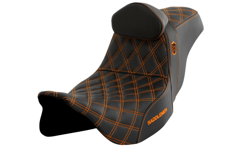 SADDLEMEN 0801-1664 SC80807ORART Pro Series SDC Performance Grip Seat with Backrest - Orange Stitch - FLH/FLT '08-'23