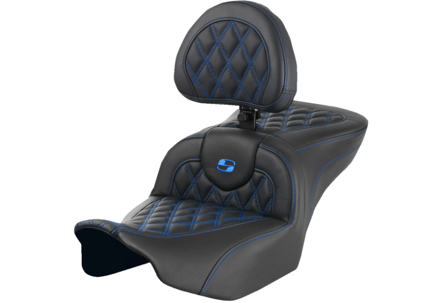 SADDLEMEN 0801-1719 823-07-182B1 Roadsofa™ Lattice Blue Stitch Seat with Backrest - Lattice Stitch - Blue Stitch - FLTR/FLHX 23-24