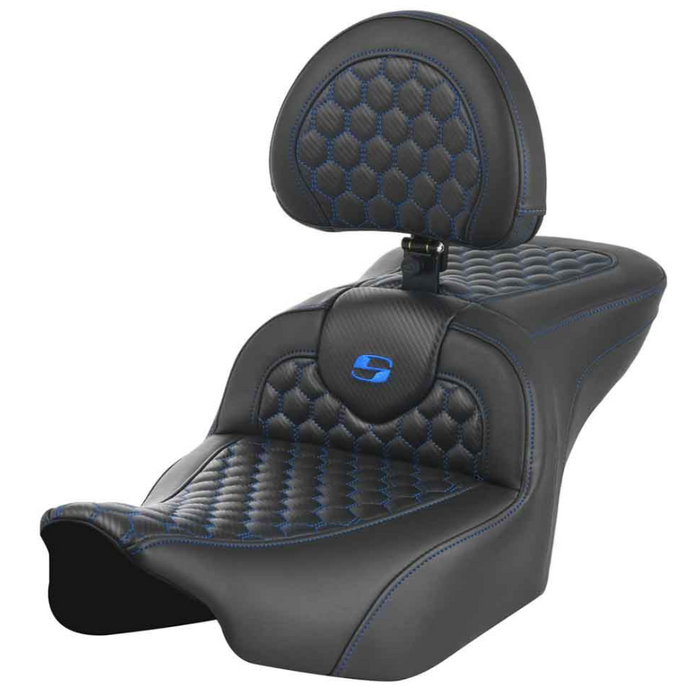 SADDLEMEN 0801-1749 823-07-189B1 Roadsofa™ Seat - with Backrest - Honeycomb - Blue Stitch - FLTR/FLHX 23-24