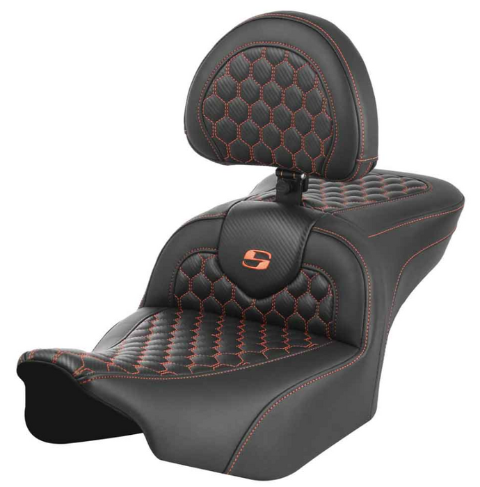 SADDLEMEN 0801-1751 823-07-189B3 Roadsofa™ Seat - with Backrest - Honeycomb - Orange Stitch - FLTR/FLHX 23-24