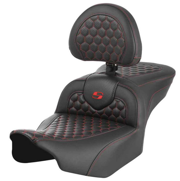 SADDLEMEN 0801-1752 823-07-189B4 Roadsofa™ Seat - with Backrest - Honeycomb - Red Stitch - FLTR/FLHX 23-24