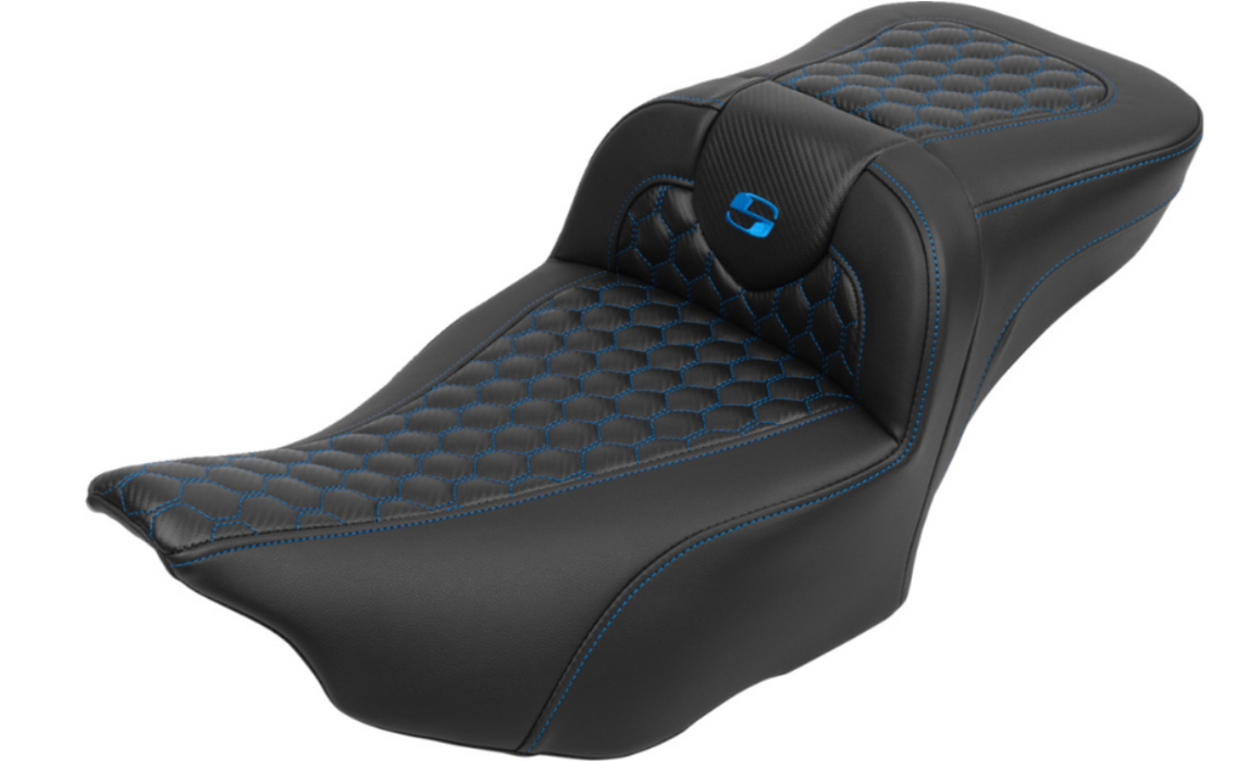 SADDLEMEN 0801-1763 823-07-190B1 Roadsofa™ Extended Reach Seat - with Backrest - Honeycomb - Blue Stitch - FLTR/FLHX 23-24