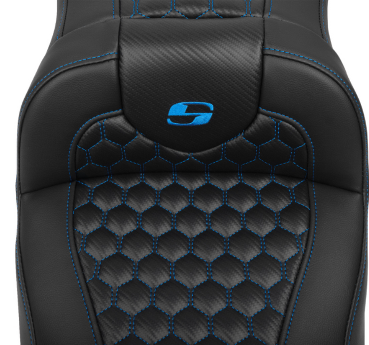 SADDLEMEN 0801-1763 823-07-190B1 Roadsofa™ Extended Reach Seat - with Backrest - Honeycomb - Blue Stitch - FLTR/FLHX 23-24