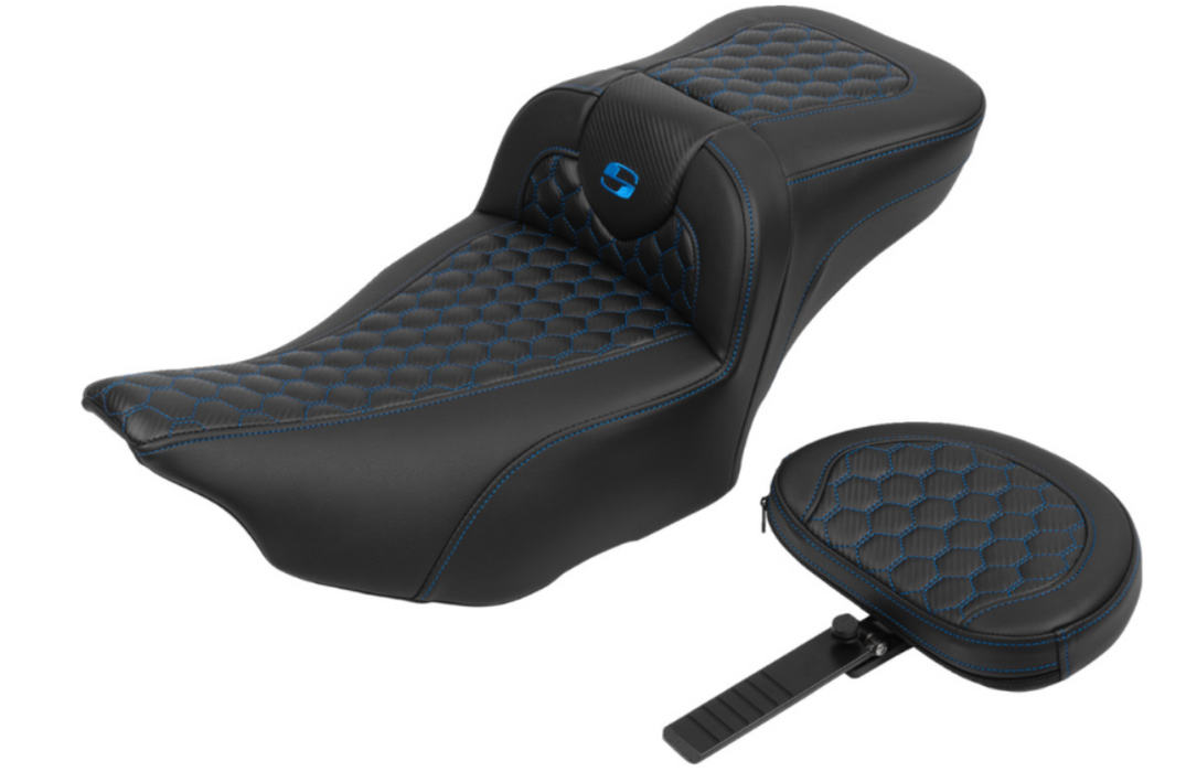 SADDLEMEN 0801-1763 823-07-190B1 Roadsofa™ Extended Reach Seat - with Backrest - Honeycomb - Blue Stitch - FLTR/FLHX 23-24