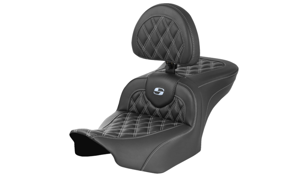 SADDLEMEN 0801-1792 823-07-206B6 Roadsofa™ Lattice Stitch Seat with Backrest - Carbon Fiber - Lattice Stitch - White Stitch - FLTR/FLHX 23-24