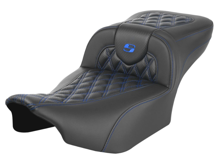 SADDLEMEN 0801-1794 823-07-20701 Roadsofa™ Extended Reach Seat - without Backrest - Lattice Stitch - Blue Stitch - FLTR/FLHX 23-24