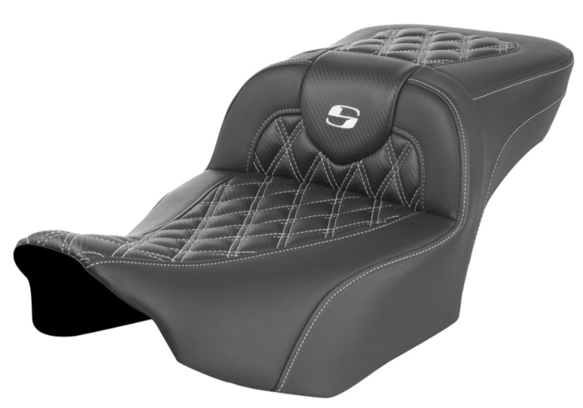 SADDLEMEN 0801-1799 823-07-20706 Roadsofa™ Extended Reach Seat - without Backrest - Carbon Fiber Lattice Stitch - White Stitch - FLTR/FLHX 23-24