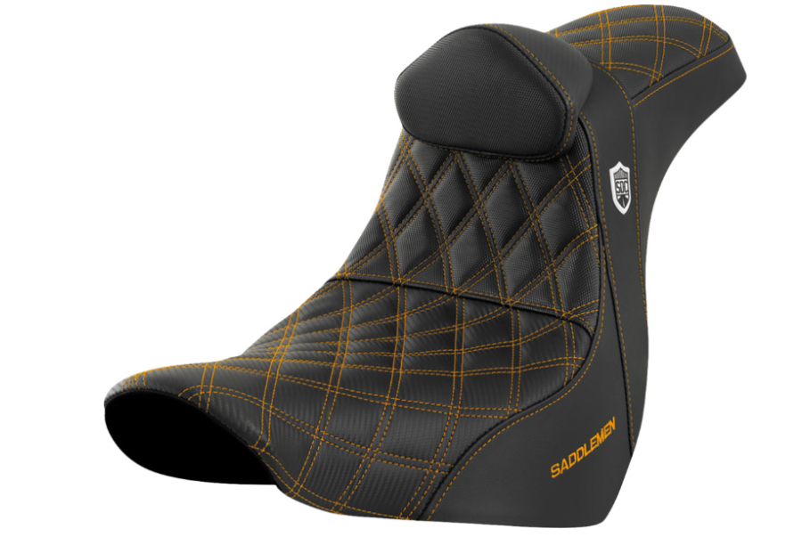 SADDLEMEN 0802-1598 SC81829GOLRT Pro Series SDC Performance Grip Seat with Backrest - Gold Stitch - FL/FX '18-'23