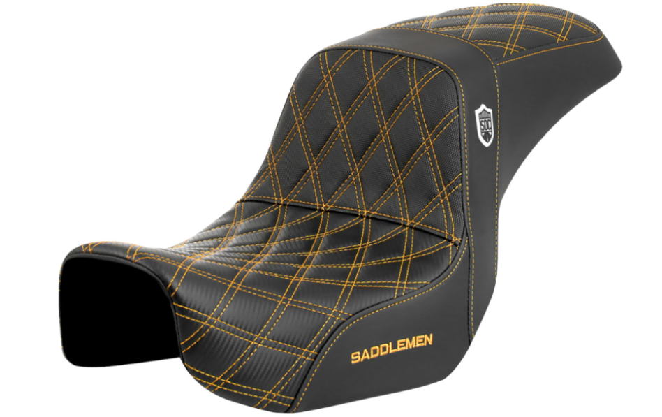 SADDLEMEN 0803-0727 SC80604GOL Pro Series SDC Performance Grip Seat- Carbon Fiber/Lumbar Gripper - Gold Stitch - Dyna '06-'17