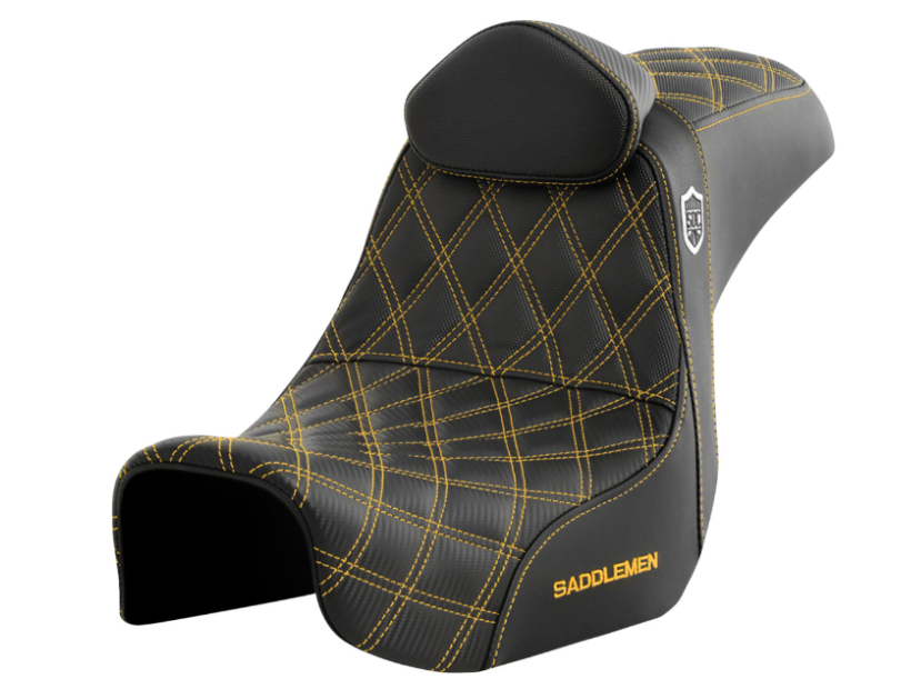 SADDLEMEN 0803-0736 SC80604GOLRT Pro Series SDC Performance Grip Seat with Backrest - Gold Stitch - Dyna '06-'17