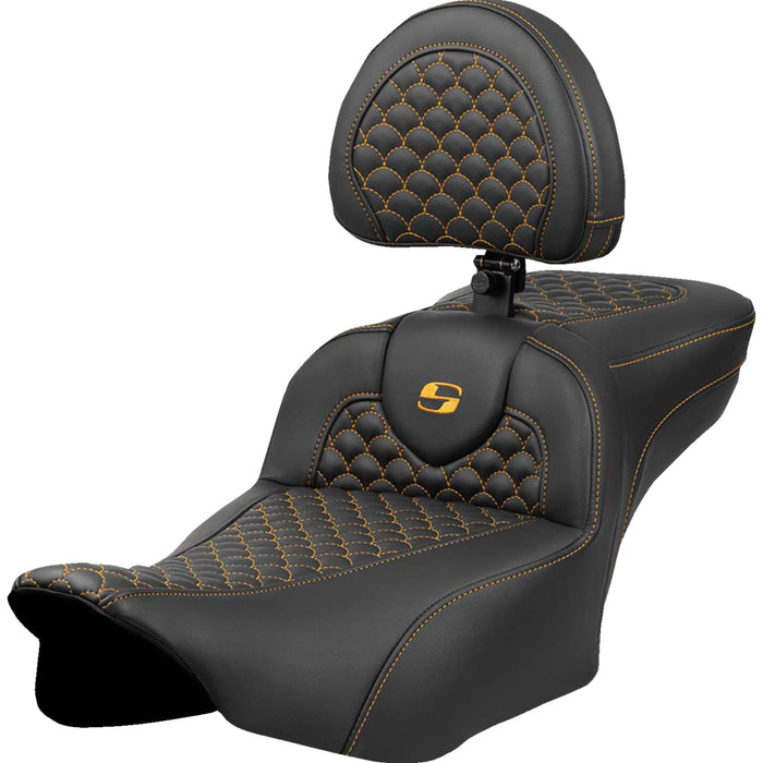 SADDLEMEN 0801-2090 823-07-209B7 Dragon Scale Stitch Roadsofa™ Seat Roadsofa™ Extended Reach Seat - Dragon Scale Stitch - Gold Stitch - w/ Backrest - FLTR/FLHX '23-'24