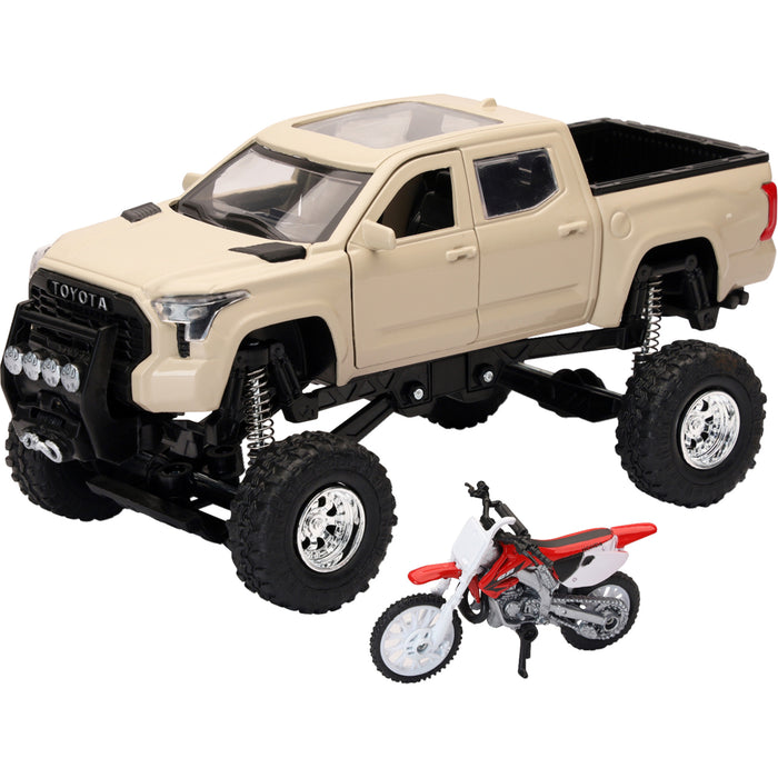 NEW RAY TOYS 7001-0115 SS-54456 Mini Pick Up Truck with Dirt Bike Toyota Tundra Off Road Pick Up w/ Honda Dirt Bike - 1:32 Scale - Tan/Red