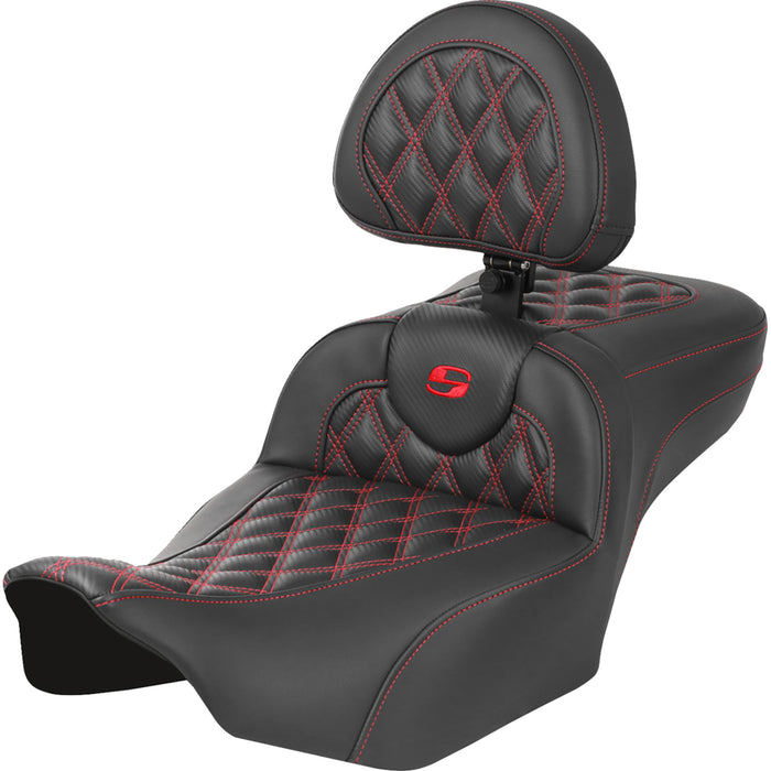 SADDLEMEN 0801-1805 823-07-207B4 Roadsofa™ Extended Reach Seat - with Backrest - Carbon Fiber Red Lattice Stitch - FLTR/FLHX 23-24