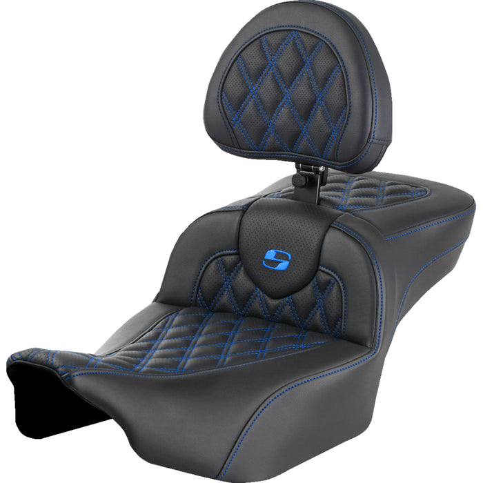 SADDLEMEN 0801-1731 823-07-184B1 Roadsofa™ Extended Reach Seat - with Backrest - Lattice Stitch - Blue Stitch - FLTR/FLHX 23-24