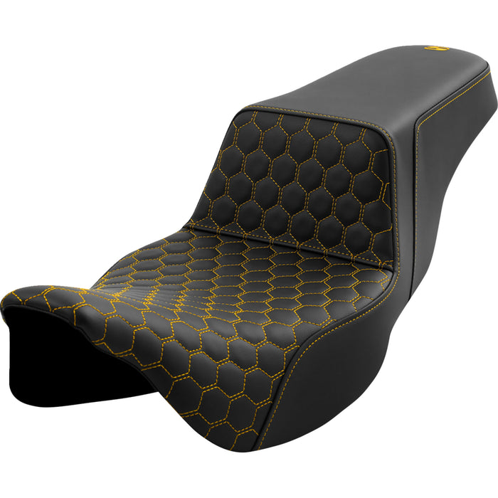 SADDLEMEN 0801-1564 A808-07B-178GOL Honeycomb Step-Up Seat - Extended Reach - Gold Stitching - FL '08-'23