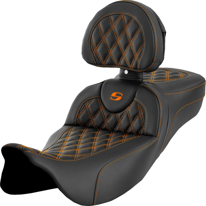 SADDLEMEN 0801-1621 A808-07R-184ORA Roadsofa™ Extended Reach Seat-Lattice Stitch - Orange Stitch - with Backrest - FL '08-'23