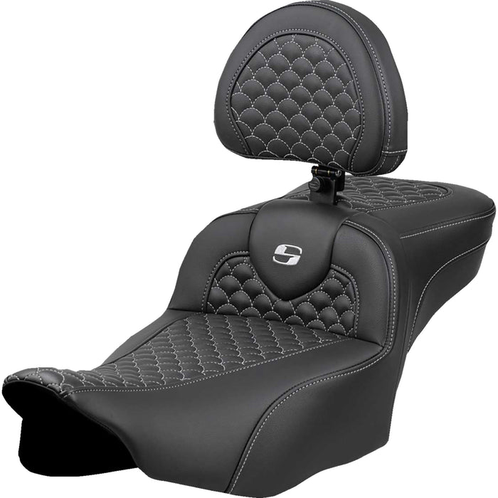 SADDLEMEN 0801-2088 823-07-209B5 Dragon Scale Stitch Roadsofa™ Seat Roadsofa™ Extended Reach Seat - Dragon Scale Stitch - Silver Stitch - w/ Backrest - FLT/FLH '23-'24
