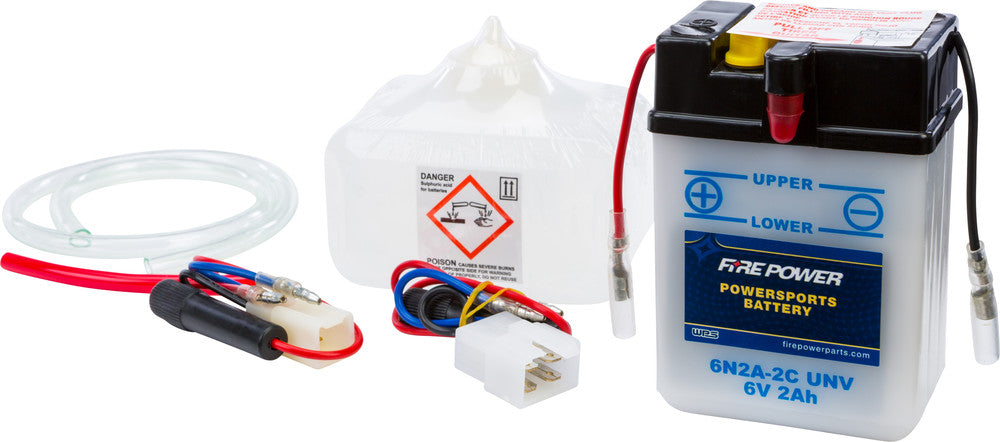 need battery connectors, aquamatics, cell connectors,... Fire Power 490-2016 6N2A-2C/UNV 6V Standard Battery w/Acid Pack - SpazCycle