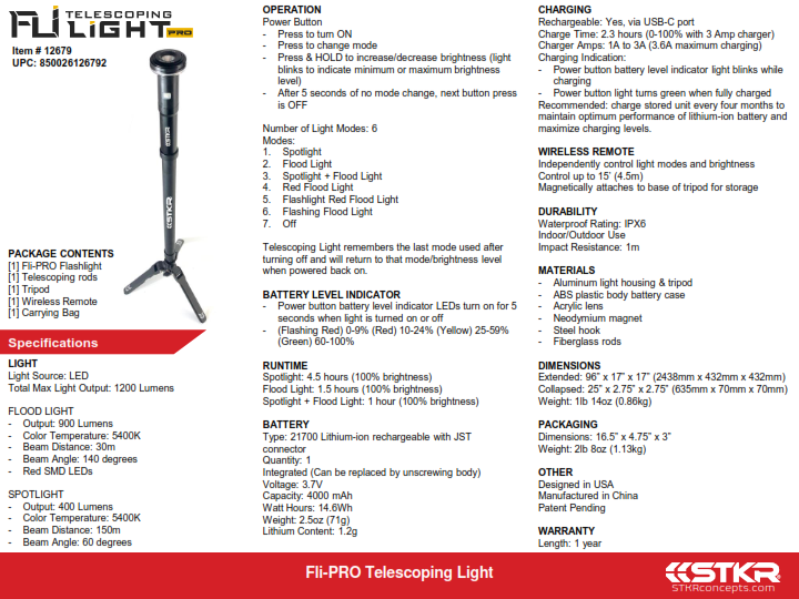 Stkr FLI-PRO Telescoping Light 8' With Removable Flashlight - 12679
