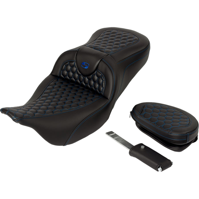 SADDLEMEN 0801-1644 A808-07R-189BLU Honeycomb Roadsofa™ Seat - Blue Stitch - with Backrest - FLH/FLT '08-'23