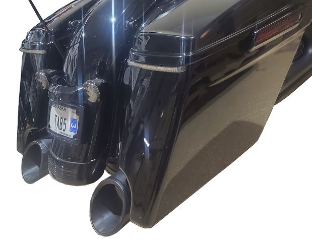 Tab Performance 121-1298-B-2.5 50 Cal 5 Inch Diameter Pipe Slip-On Mufflers 17-Up Harley Davidson Touring Chrome 2.5 Inch Louvered Core Baffles (Medium) 5 Inch Black Slash Cut Tip