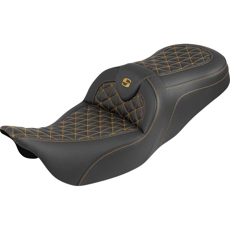 Saddlemen RoadSofa™ Tri Gripper Seat Standard Reach Gold Stitch W O Backrest Flh Flt - 808-07B-21007 For Harley Touring 2008-2025