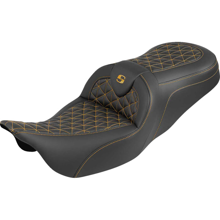 SADDLEMEN 0801-2204 808-07B-21007 RoadSofa™ Tri Gripper Seat standard reach - gold stitch - w/o backrest - flh/flt '08-'25