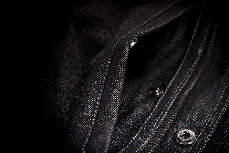 Concealed pocket on Front angle of black Iron Sights Club Collar Denim Vest