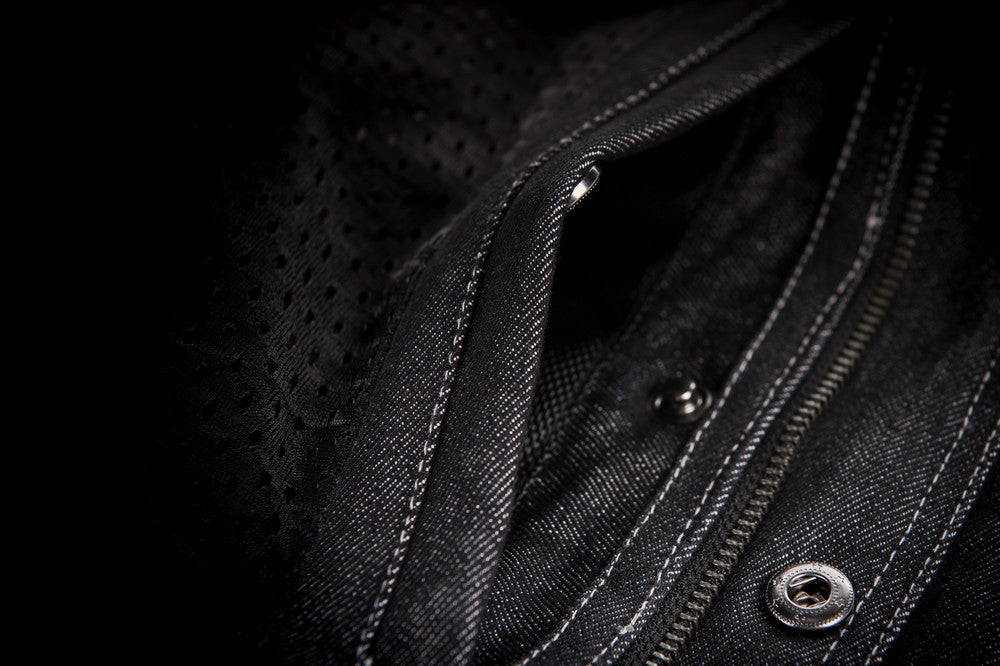 Concealed pocket on Front angle of black Iron Sights Club Collar Denim Vest