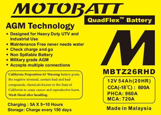 Motobatt 491-1030 MBTZ26RHD BATTERY MBTZ26RHD SEALED FACTORY ACTIVATED