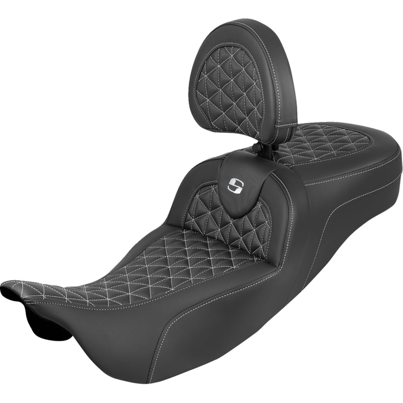 Saddlemen RoadSofa™ Tri Gripper Seat Standard Reach White Stitch W Backrest Flh Flt - 808-07B-211B6 For Harley Touring 2008-2025