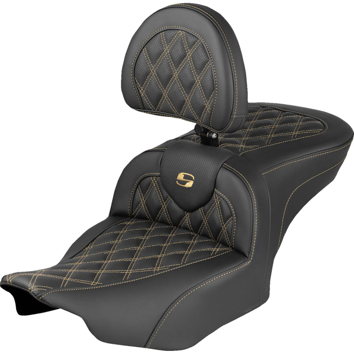SADDLEMEN 0801-2339 823-07-182B7 Roadsofa™ Lattice Stitch Seat RoadSofa™ Seat - with Backrest - Lattice Stitch - Gold Stitch - FLH/FLT '23-'25